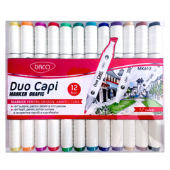 Marker Grafic, 12 culori, Duo Capi, Daco