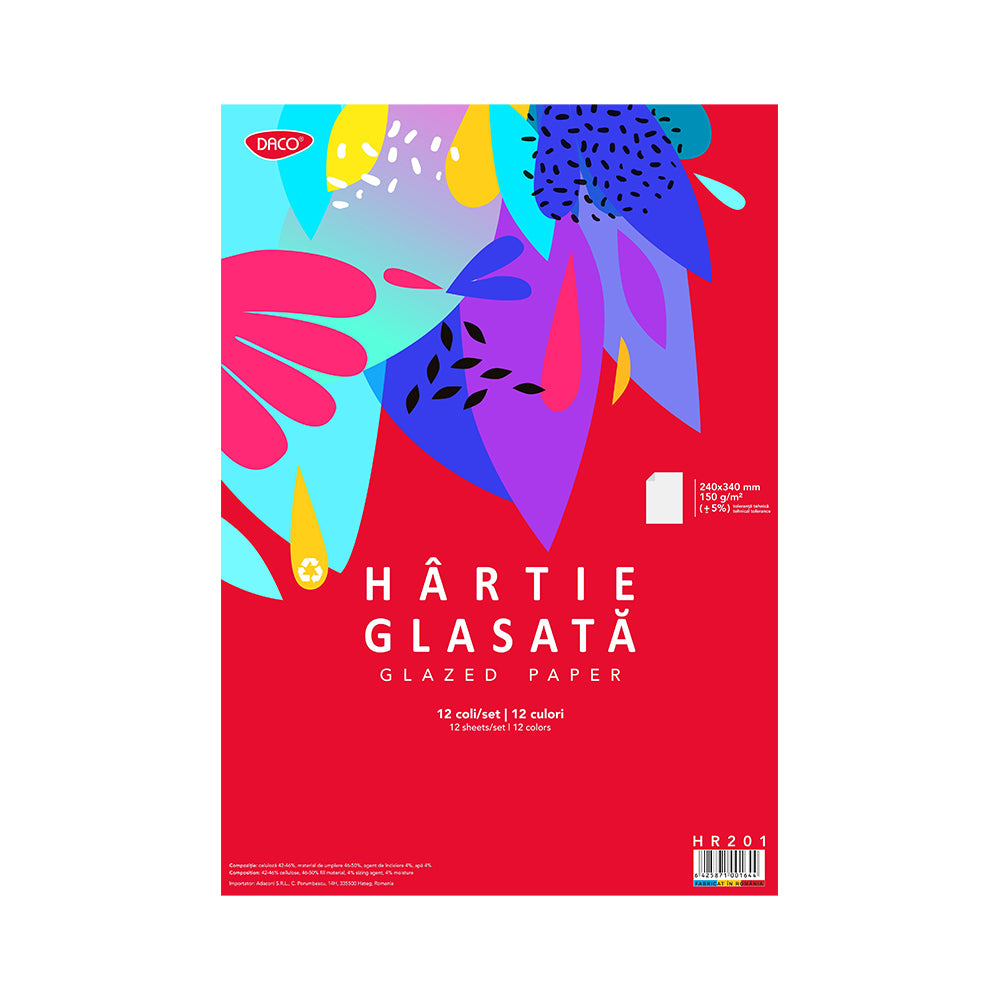 Hârtie Glasată, 150gr/mp, 12 culori/set, Daco