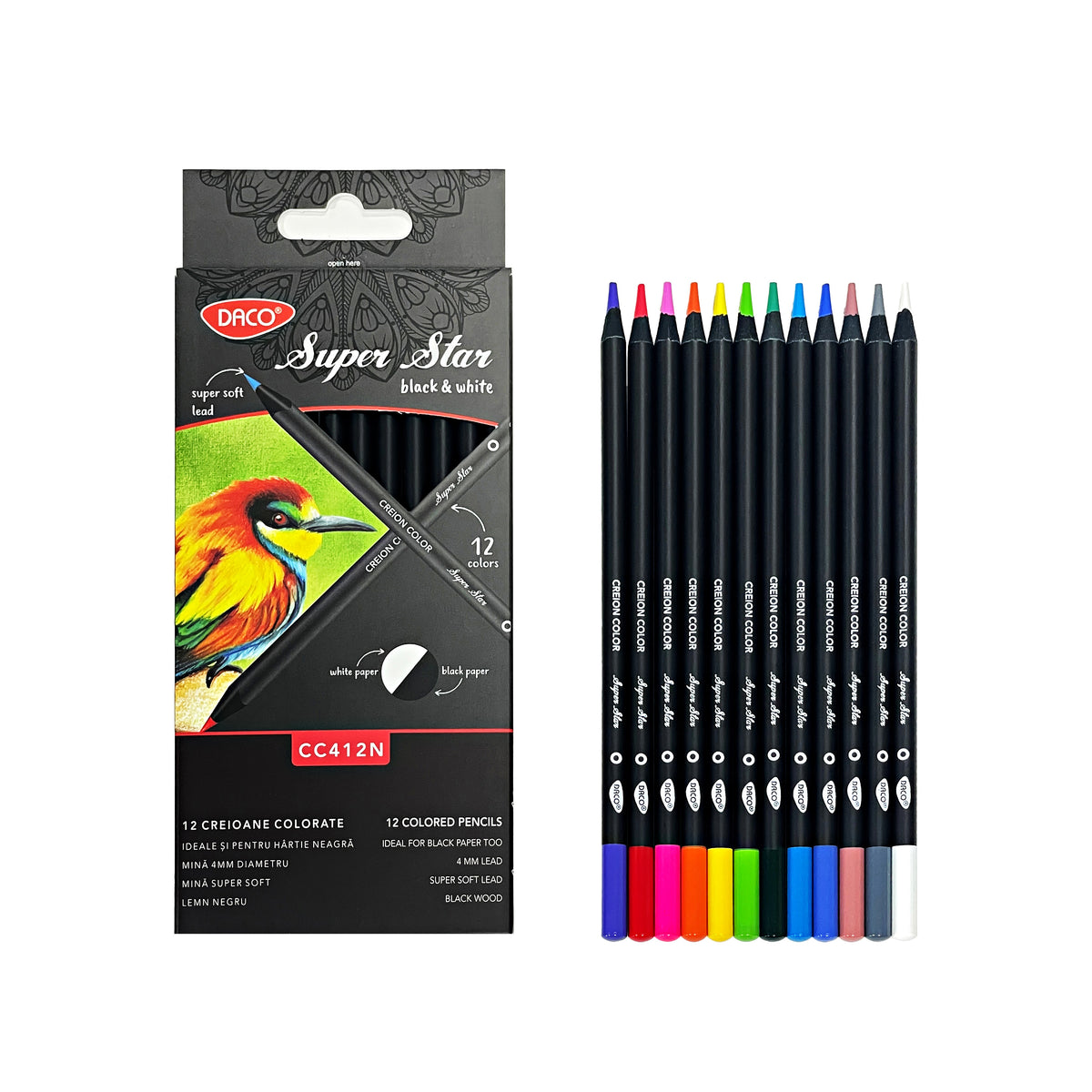Creioane colorate, Black & White, 12 culori/set, Daco