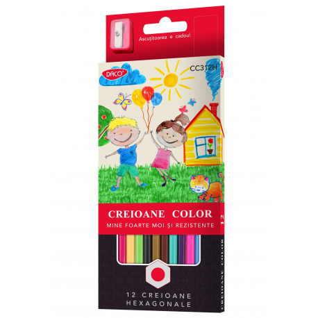 Creioane colorate, 12 culori/set, Hexagonal, Daco
