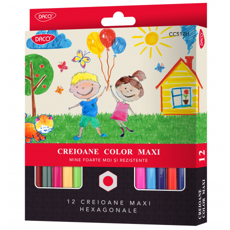 Creioane colorate, Maxi Hexagonal, 12 culori/set, Daco