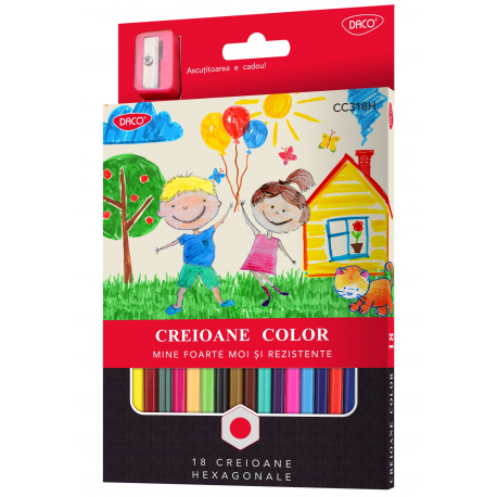 Creioane colorate, 18 culori/set, Hexagonal, Daco