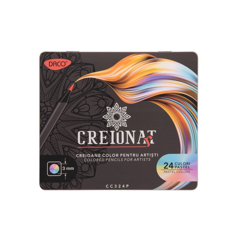 Creioane colorate, Pastel, 24 culori/set, Cutie Metalică, Daco