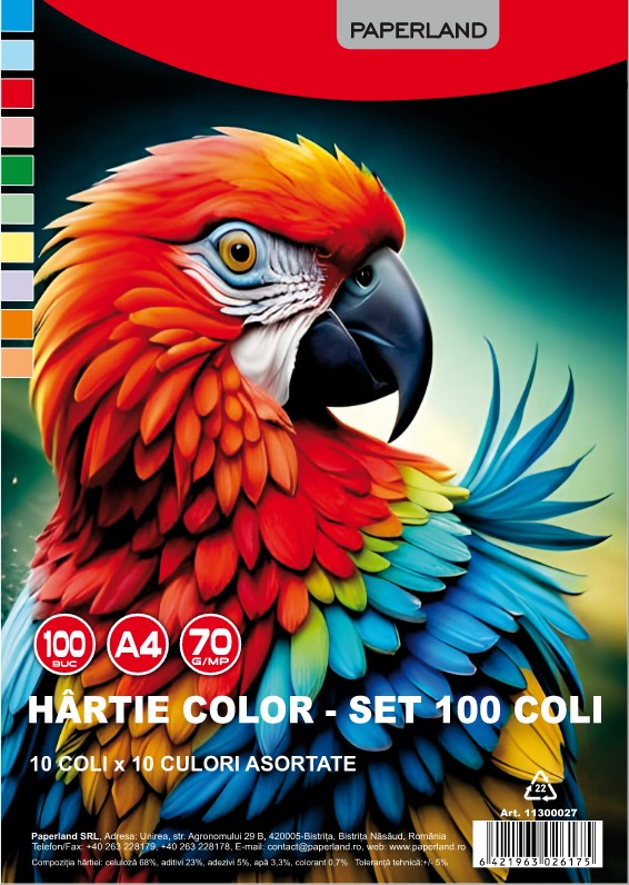 Hârtie Color A4, 100 buc/set, 70g/mp, Paperland