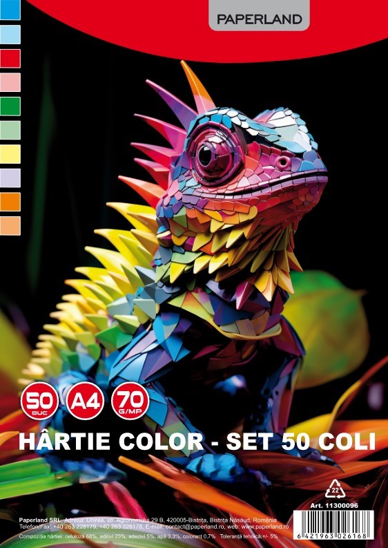 Hârtie Color A4, 50 buc/set, 70g/mp, Paperland