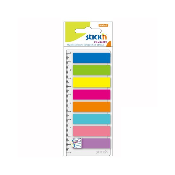Index Plastic, Color Neon Transparent, + Riglă, 45 x 12 mm, 8 x 25 file/set, Stick"n